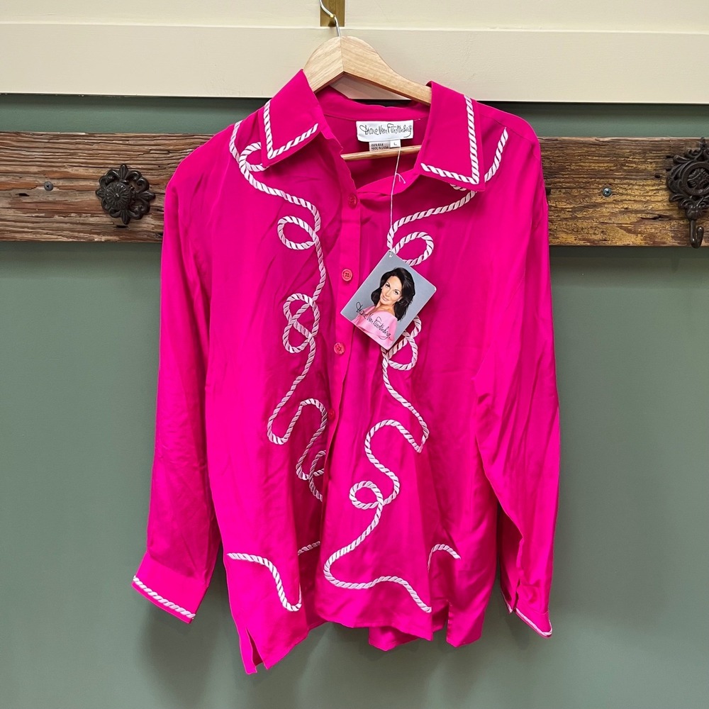 Diane von Furstenberg Silk Blouse Fuchsia Pink Rope Embroidery Vintage NWT Large